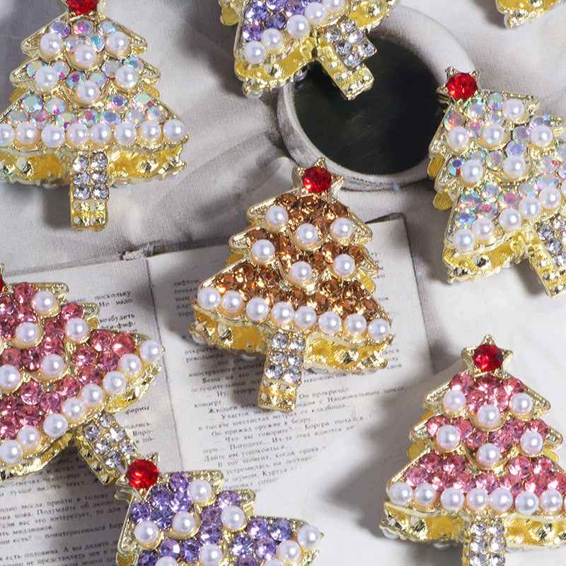 Wholesale 5pcs/pack Alloy Pearl Rhinestone Christmas Tree DIY  Straight Hole Beads